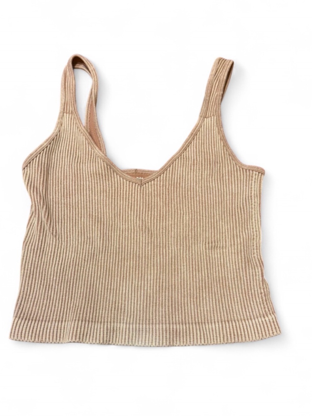V-Neck Ribbed Crop Tank Top in Tan